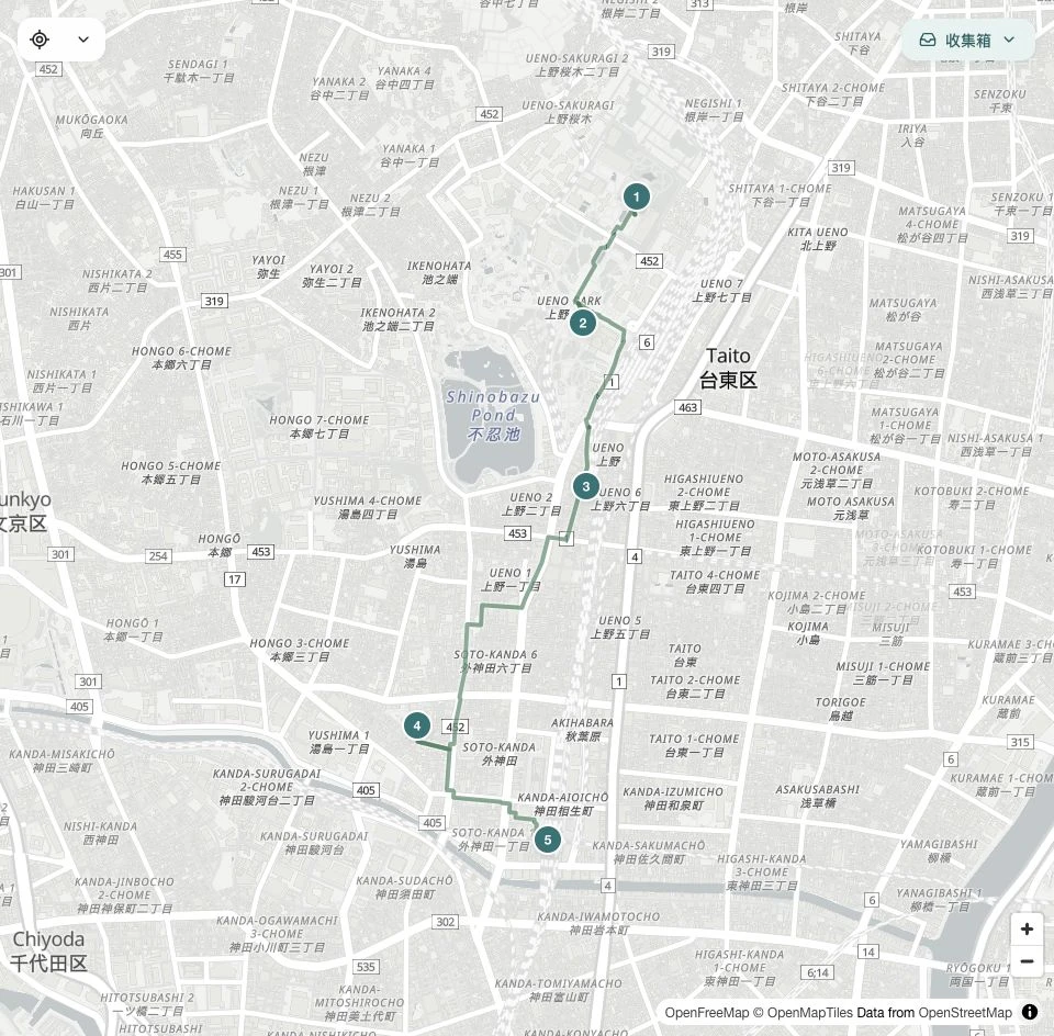 The Travel OS map: five planned stops in Tokyo and their connecting routes